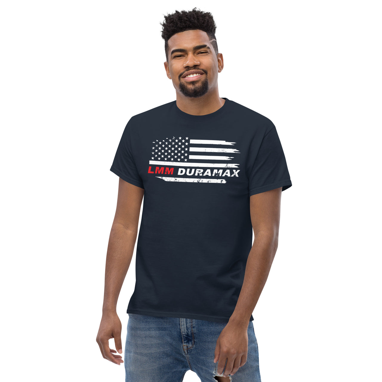 LMM Duramax T-Shirt With American Flag Design - modeled in navy on man