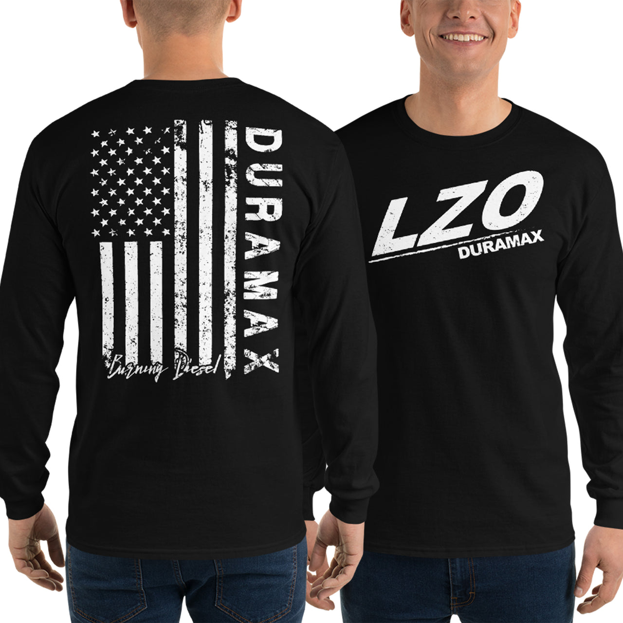 LZO Duramax Long Sleeve Shirt With American Flag Design modeled in black