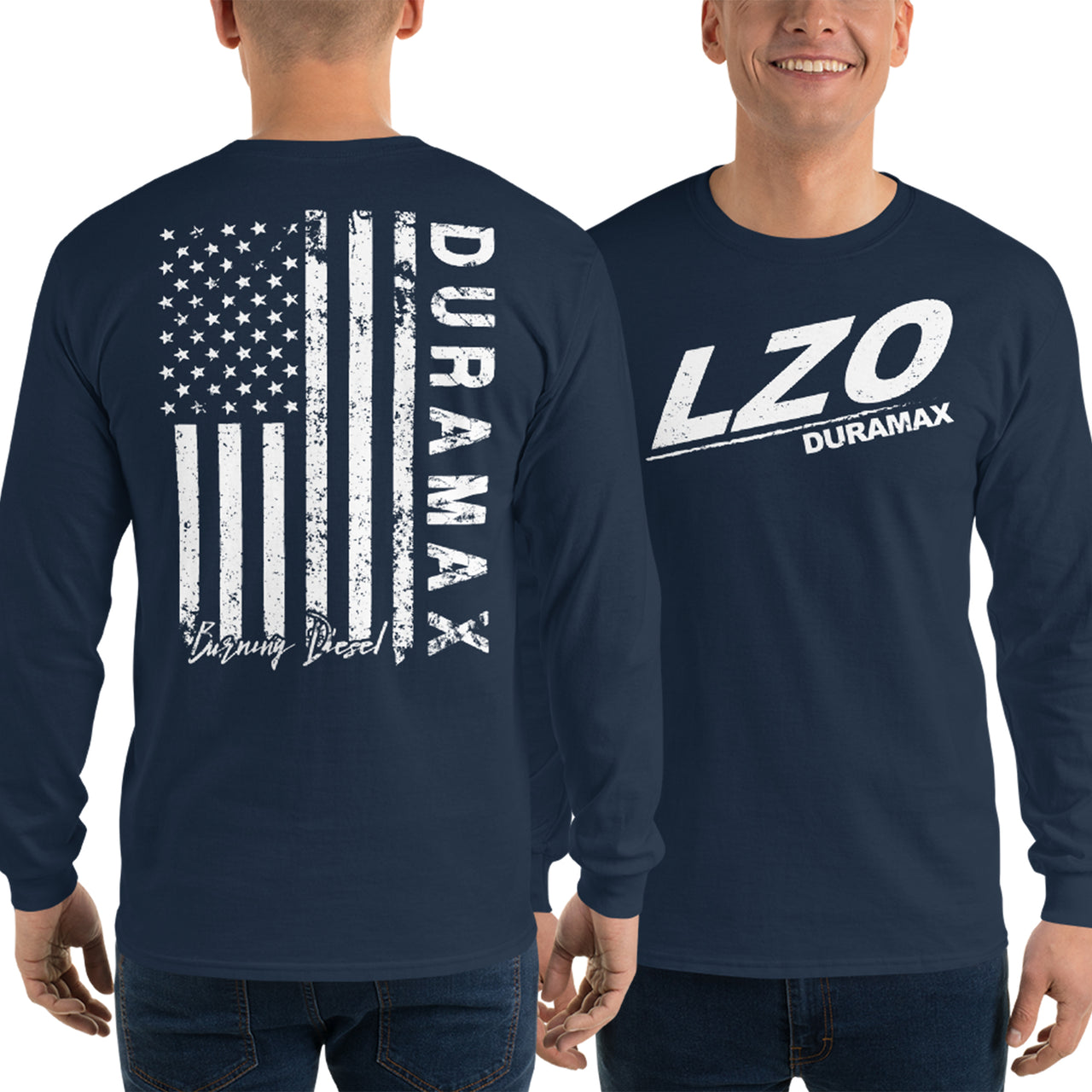 LZO Duramax Long Sleeve Shirt With American Flag Design modeled in navy