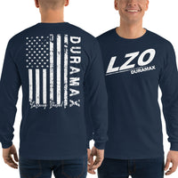 Thumbnail for LZO Duramax Long Sleeve Shirt With American Flag Design modeled in navy