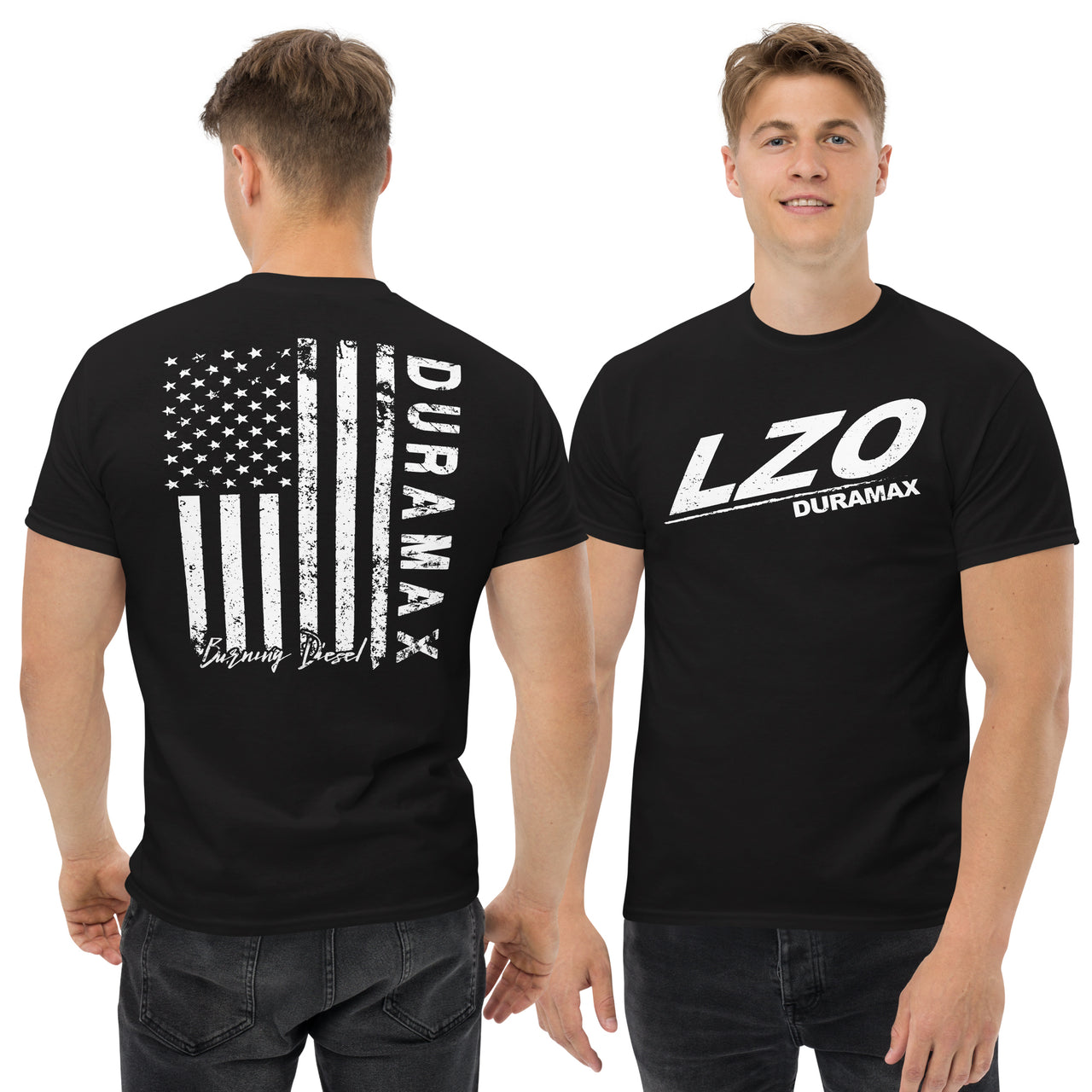 LZO Duramax T-Shirt With American Flag Design modeled in black