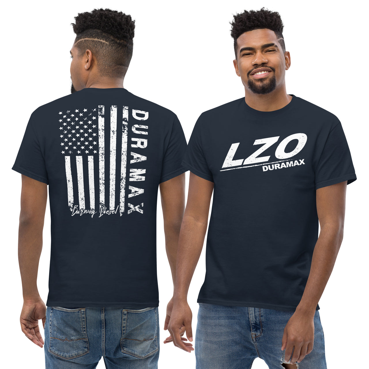 LZO Duramax T-Shirt With American Flag Design modeled in navy