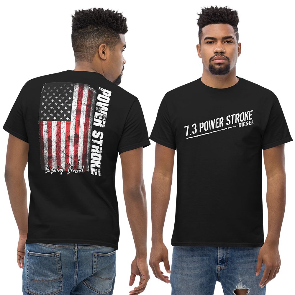 man modeling 7.3 Powerstroke T-Shirt With American Flag in black