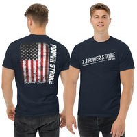 Thumbnail for man modeling 7.3 Powerstroke T-Shirt With American Flag in navy