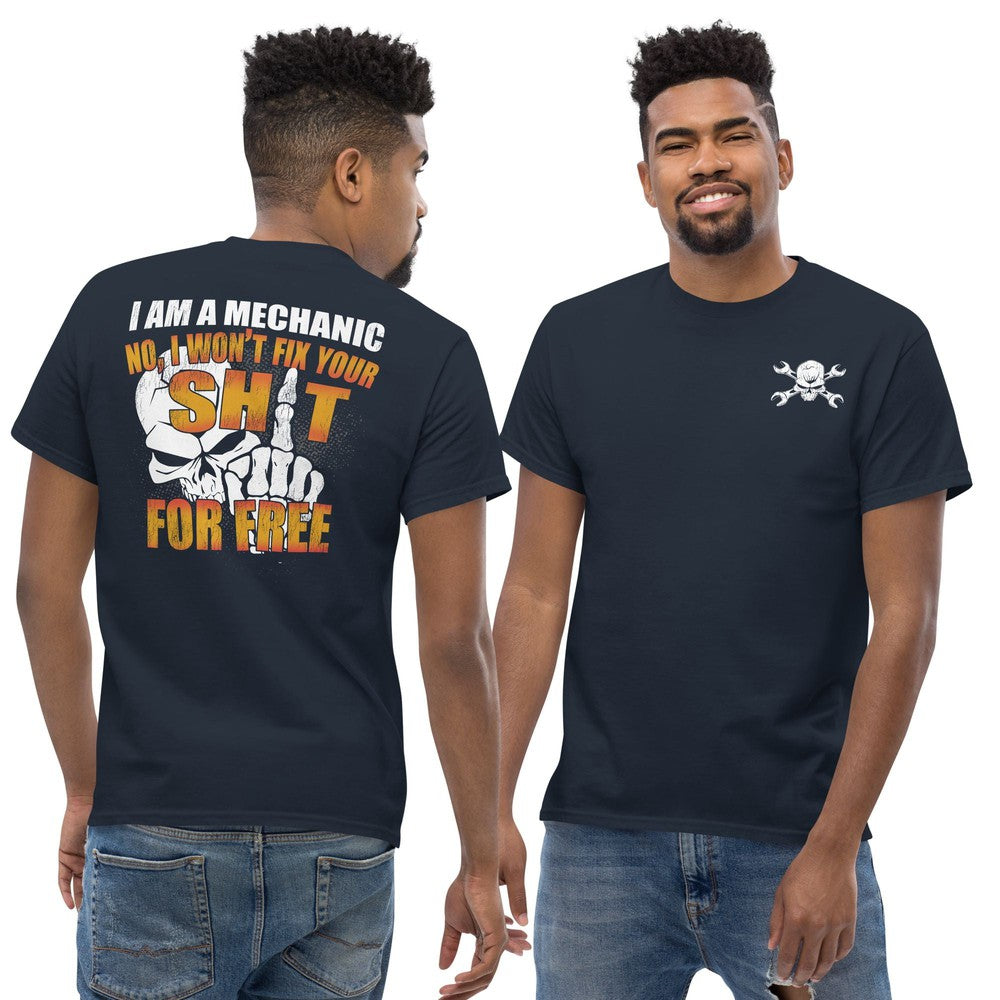 Mechanic Gift T-Shirt - I Wont Fix For Free ,modeled in navy