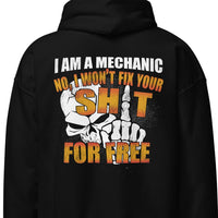Thumbnail for Mechanic Hoodie Sweatshirt - Wont Fix For Free - in black - Close up of back print