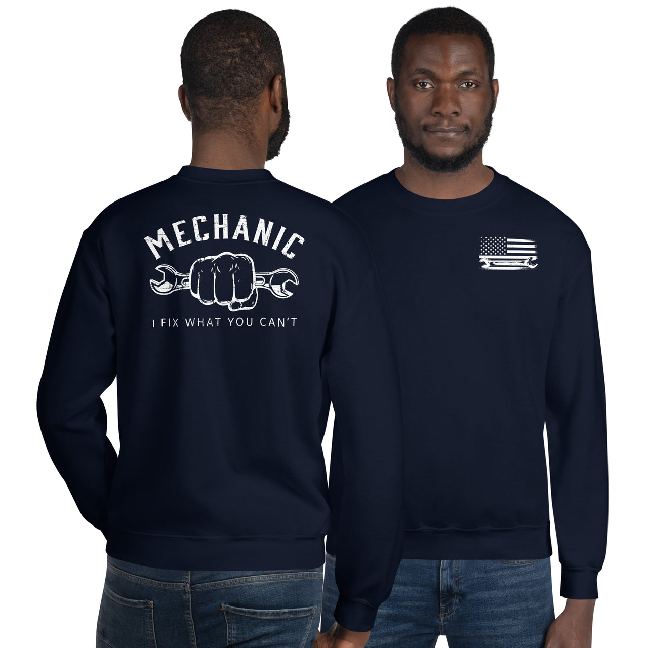 Mechanic Sweatshirt - I Fix What You Cant - Crew Neck - modeled in navy