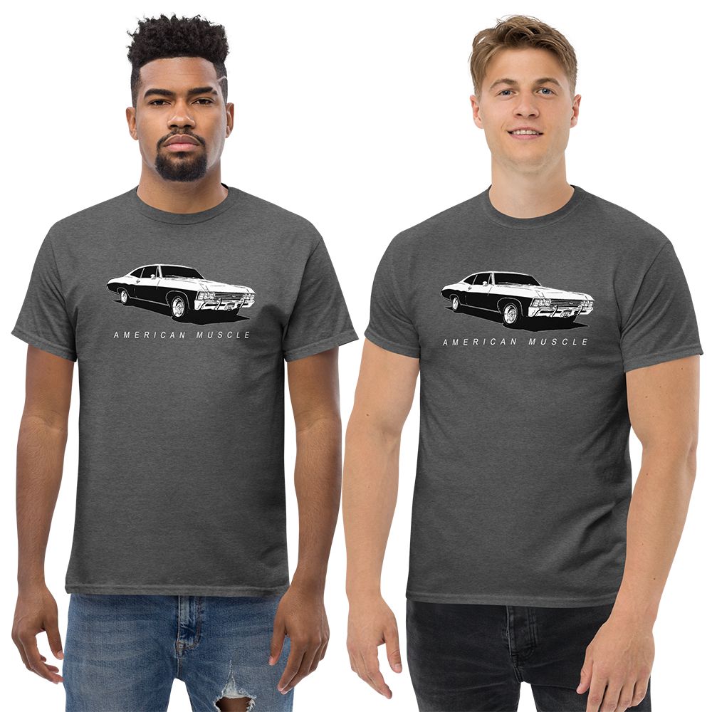 men modeling 1967 Impala T-Shirt in dark heather