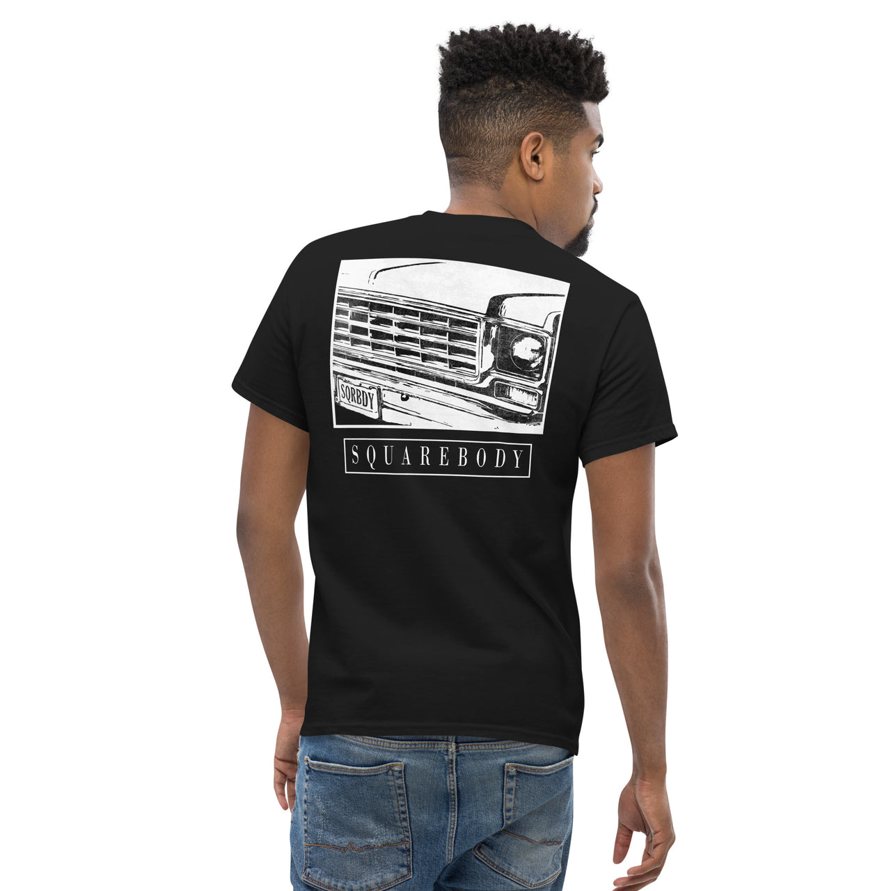 man modeling a Square Body T-Shirt Based on 70s Round Eye Truck - black