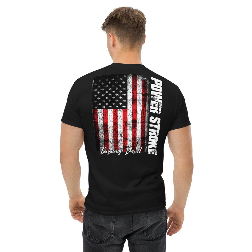 Powerstroke Diesel T-shirt modeled in black