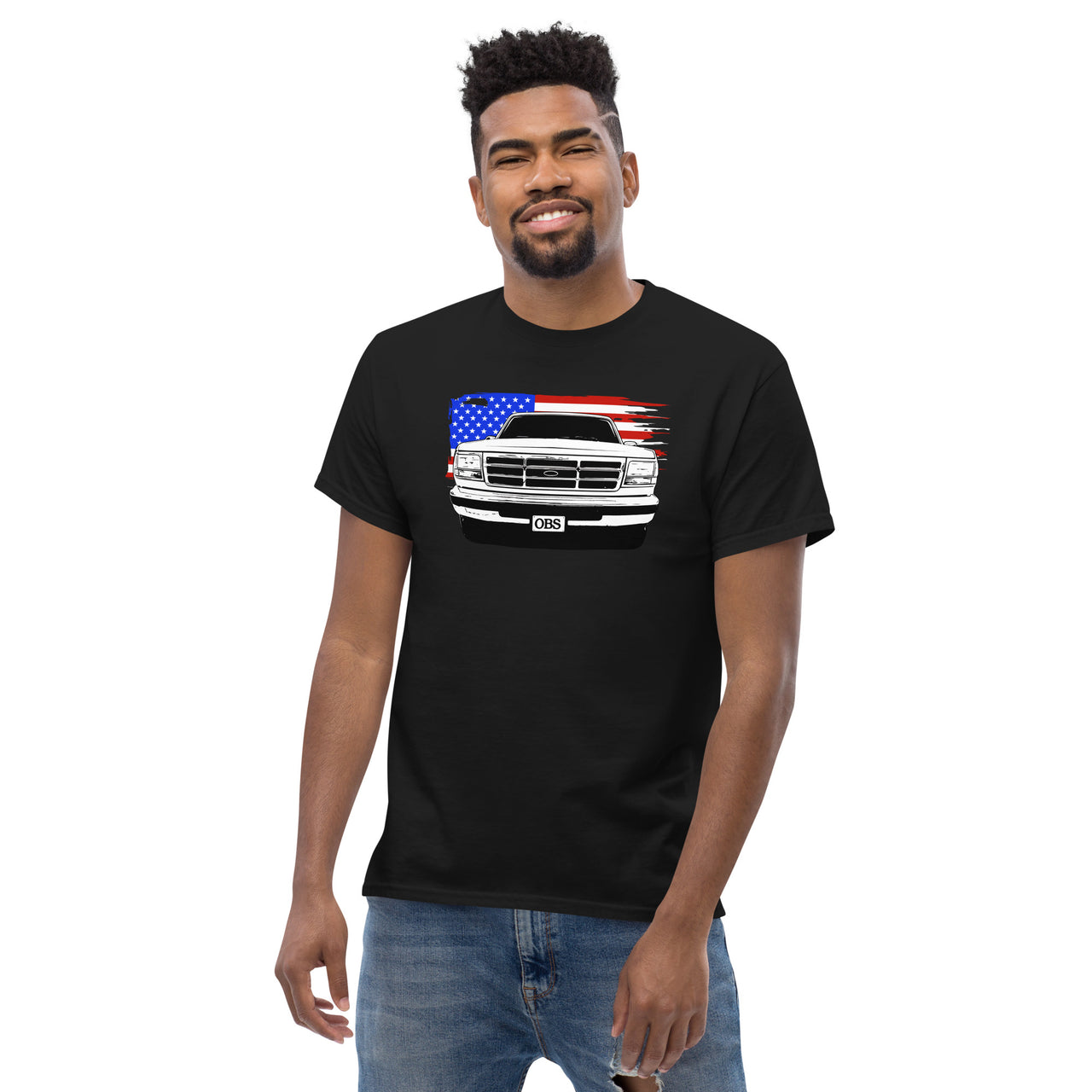 OBS Truck American Flag T-Shirt modeled in black