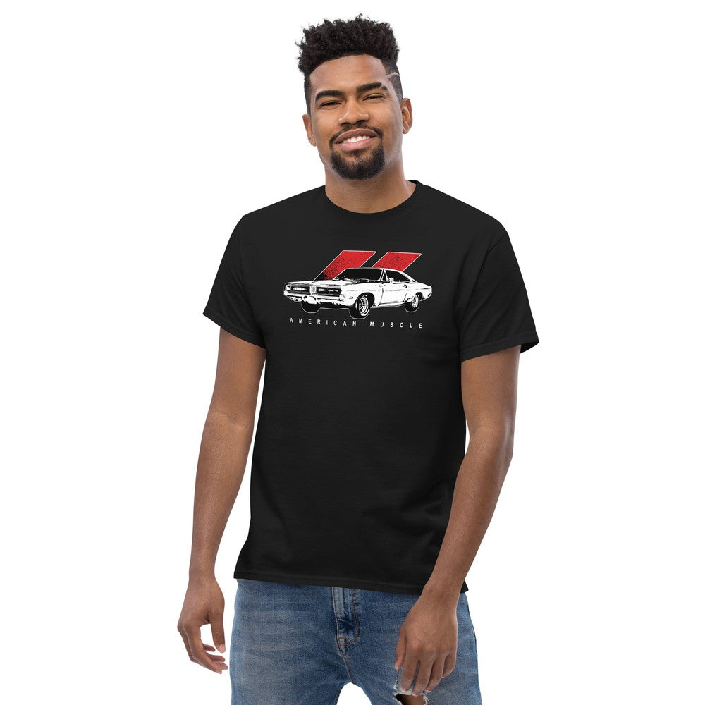 69 Charger RT Muscle Car T-Shirt modeled in black