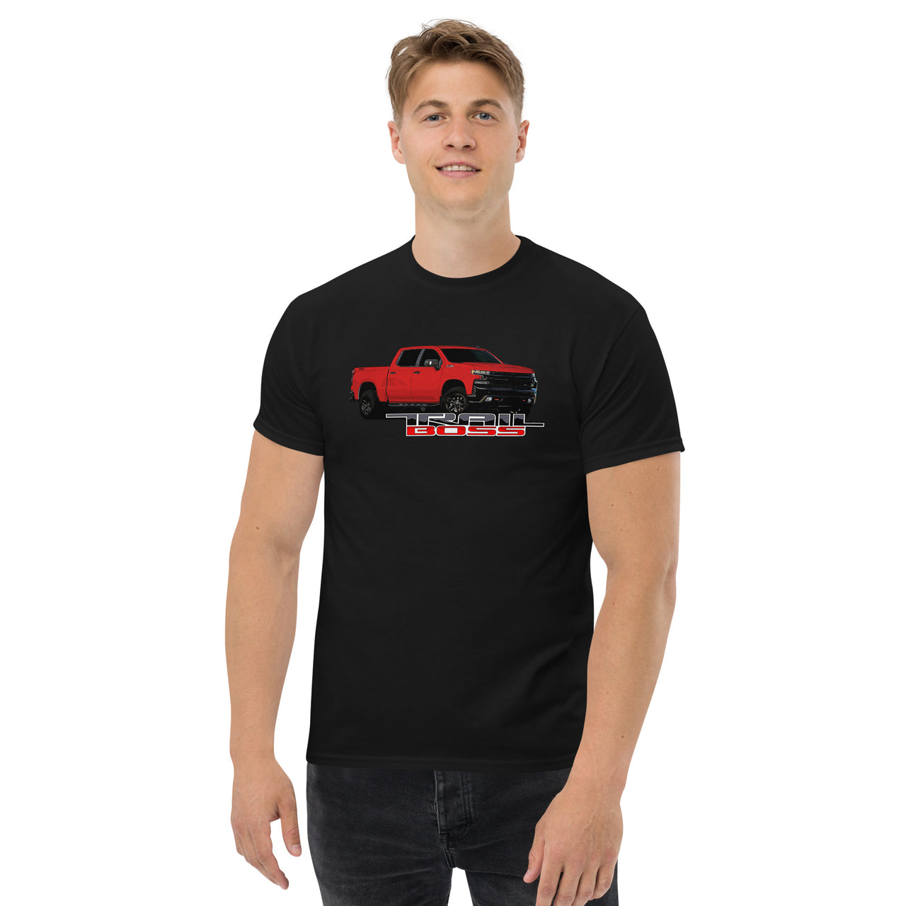 Red Trail Boss Truck T-Shirt modeled in black