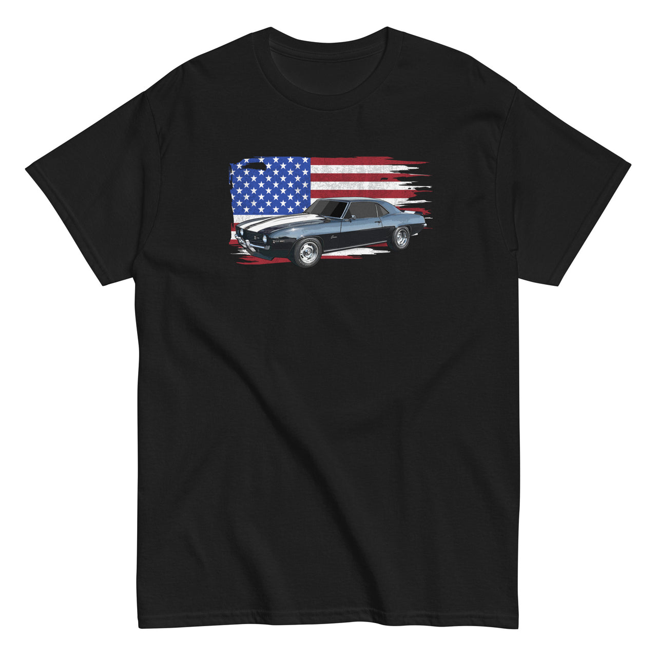 69 Camaro T-Shirt With American Flag Background - Black