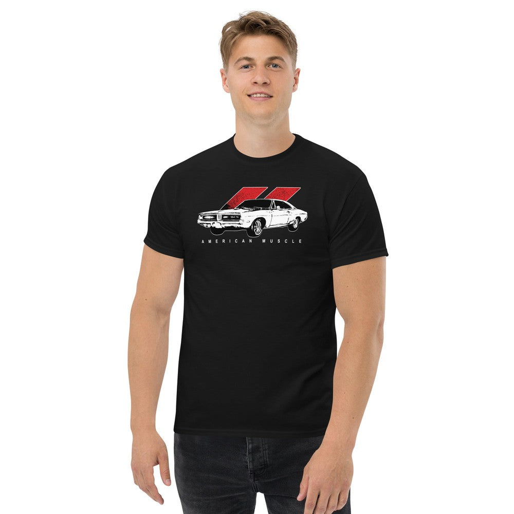 69 Charger RT Muscle Car T-Shirt modeled in black