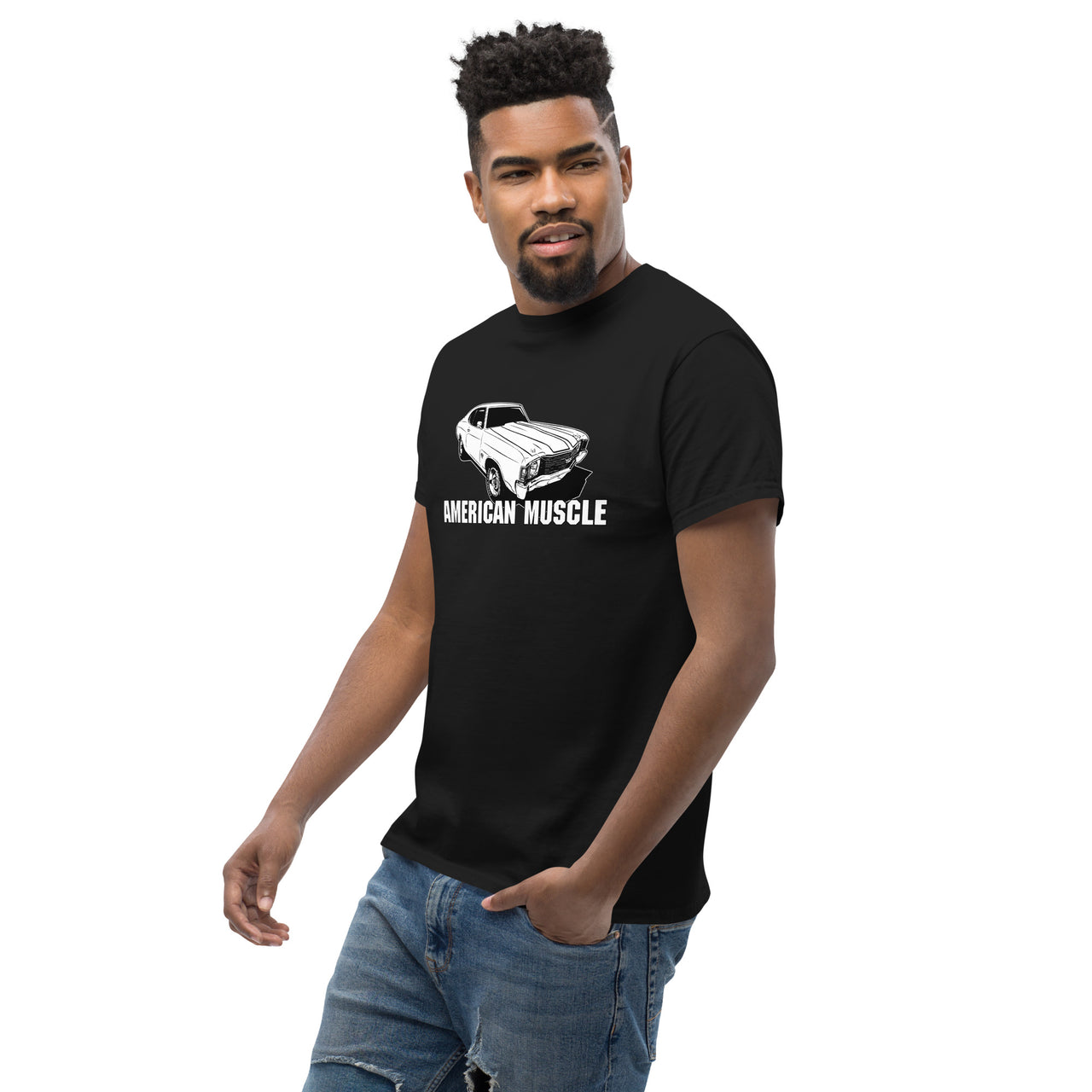 Man modeling a 1972 Chevelle T-Shirt American Muscle Car Tee in black