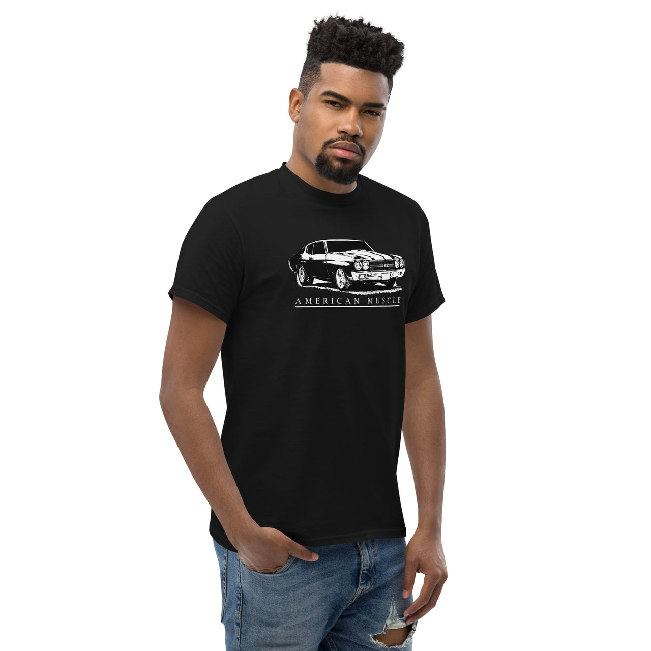 man modeling a 1970 Chevelle SS T-Shirt in black