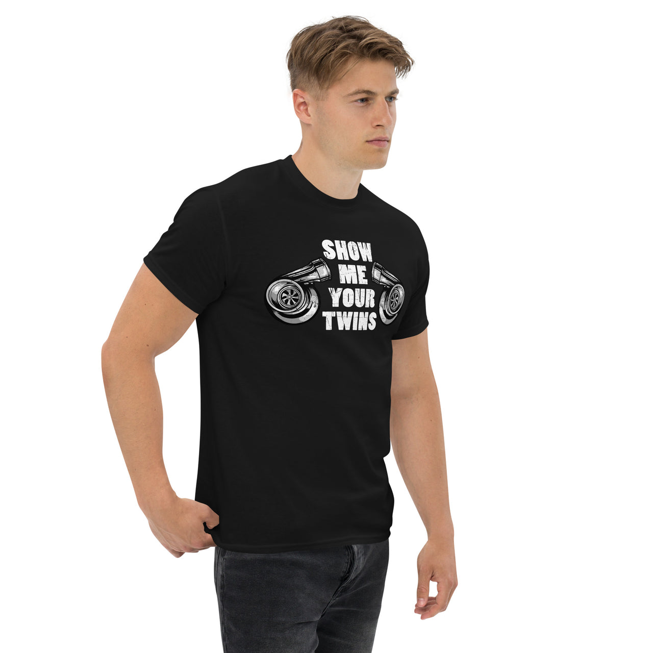 Show Me Your Twins Funny Turbo T-Shirt modeled  in black