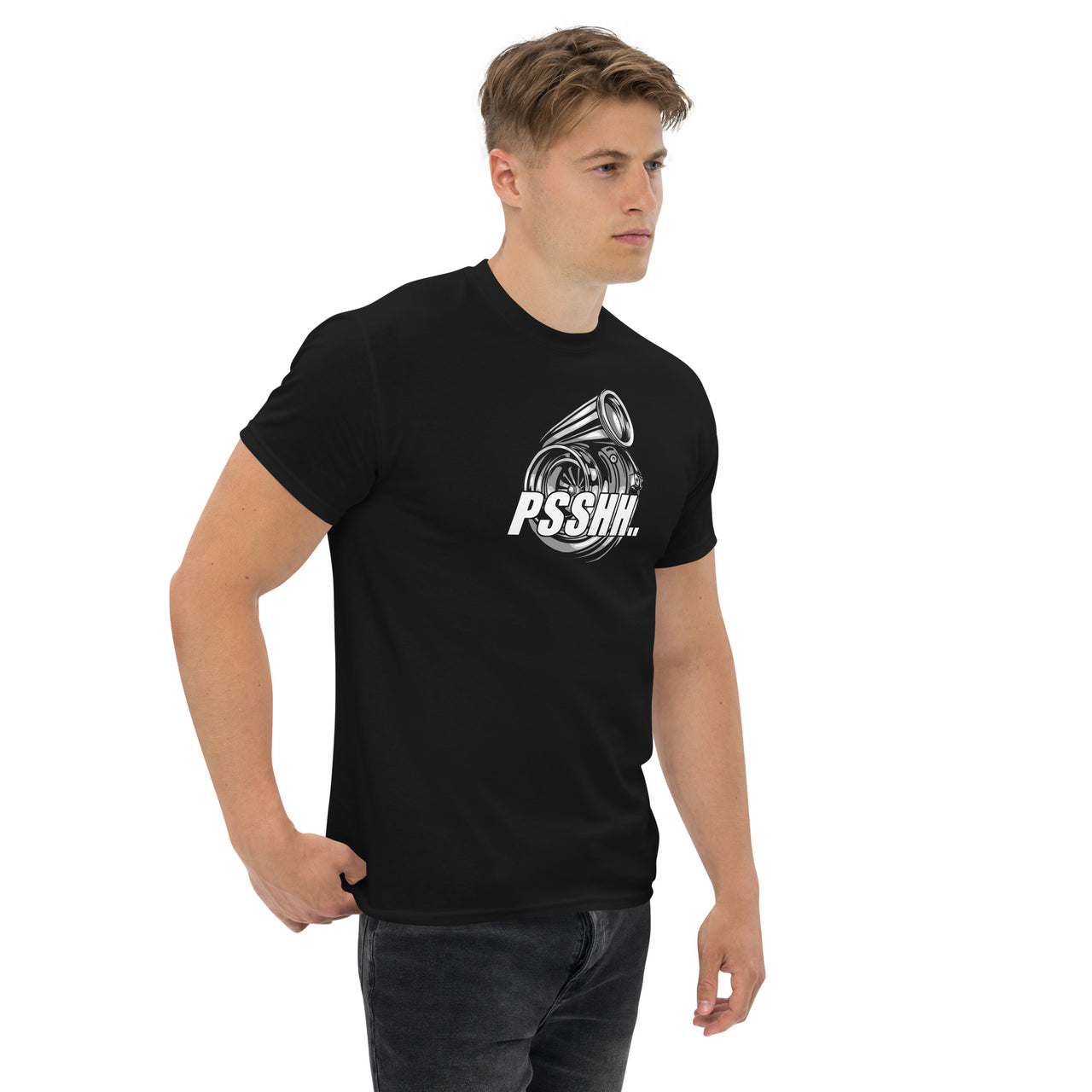 Funny Car Guy Turbo T-Shirt - PSSHH modeled in black
