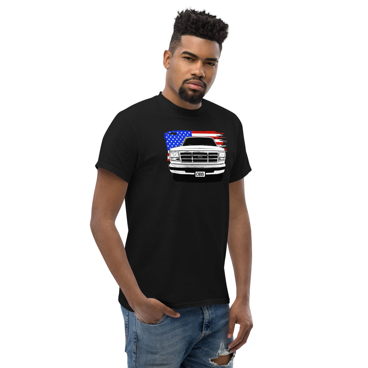 OBS Truck American Flag T-Shirt modeled in black
