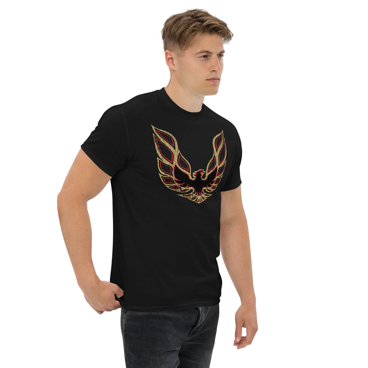 Traditional Trans Am Firebird Logo T-Shirt modeled in black