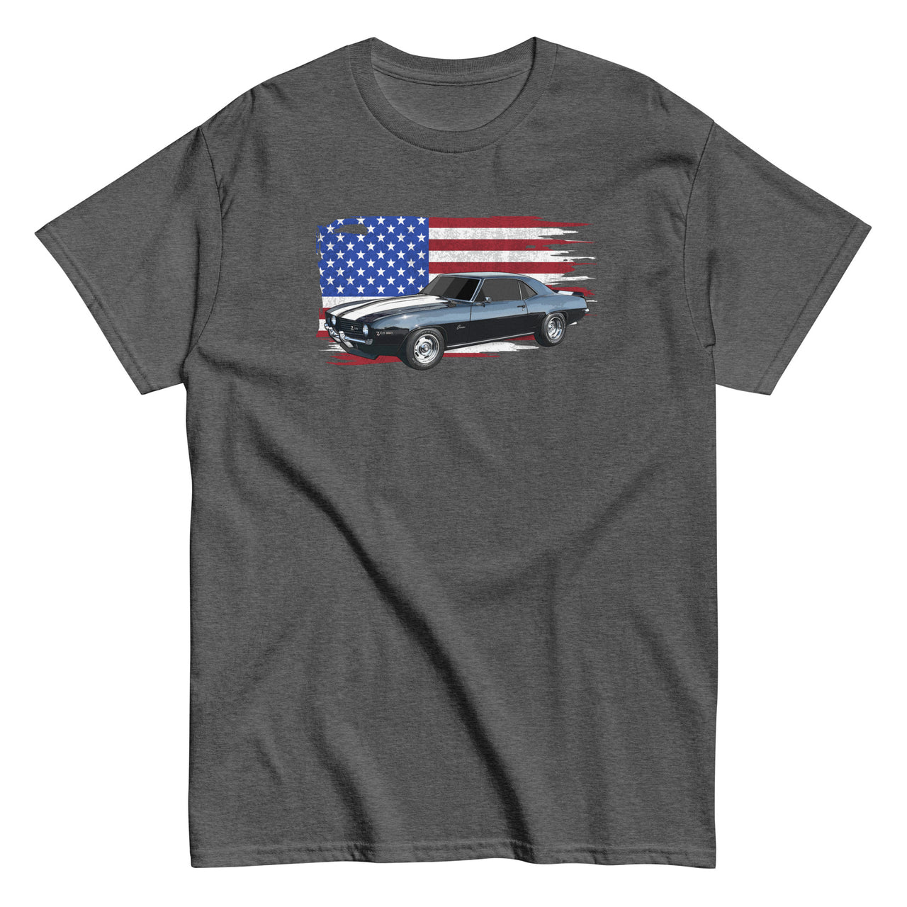 69 Camaro T-Shirt With American Flag Background - grey