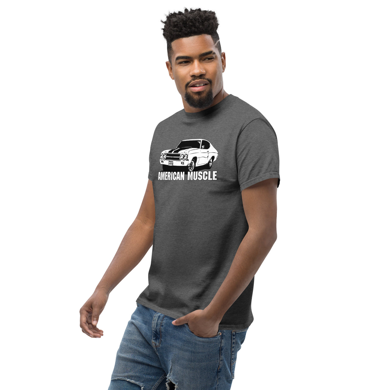 Man modeling a 1970 Chevelle T-Shirt in grey