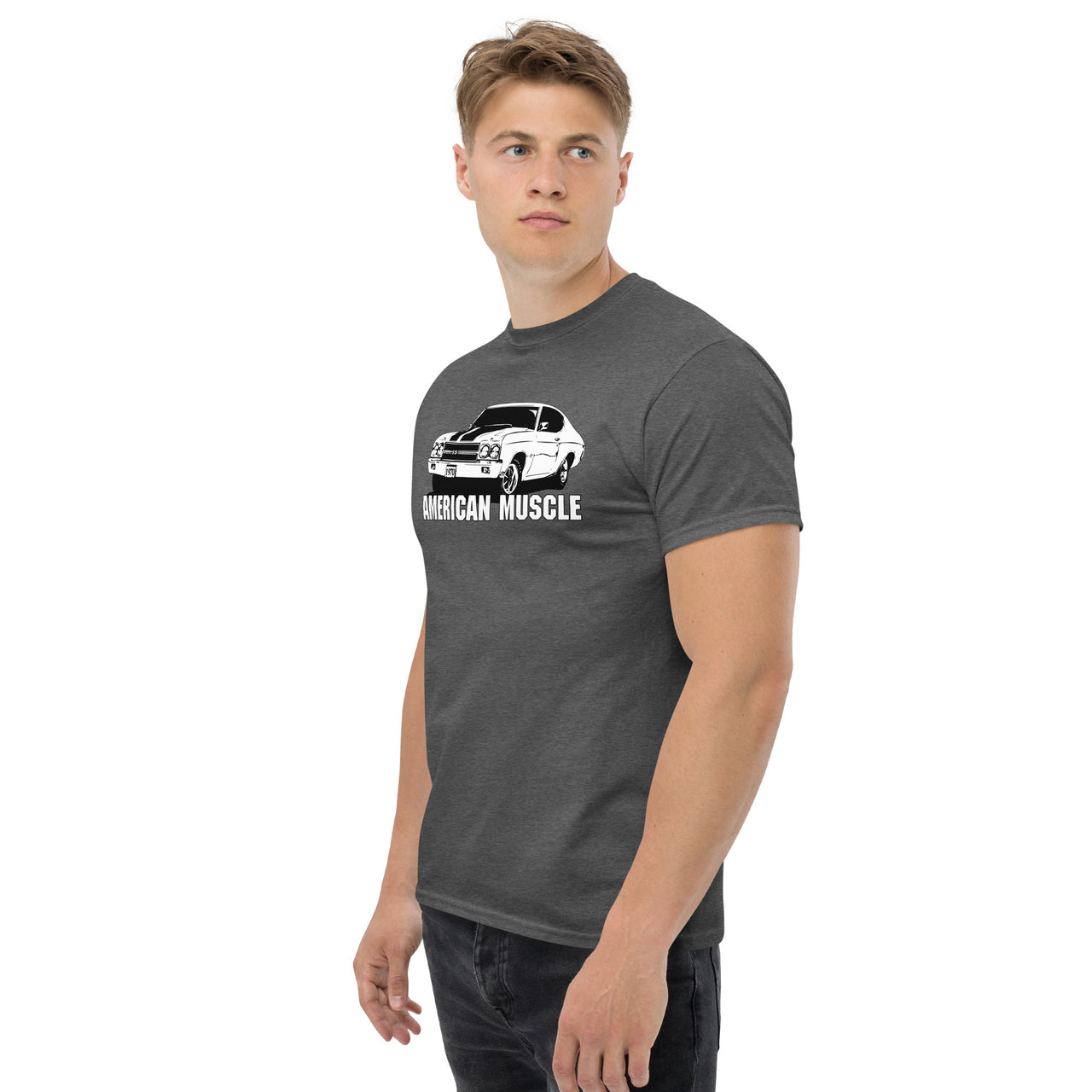 Man modeling a 1970 Chevelle T-Shirt in grey