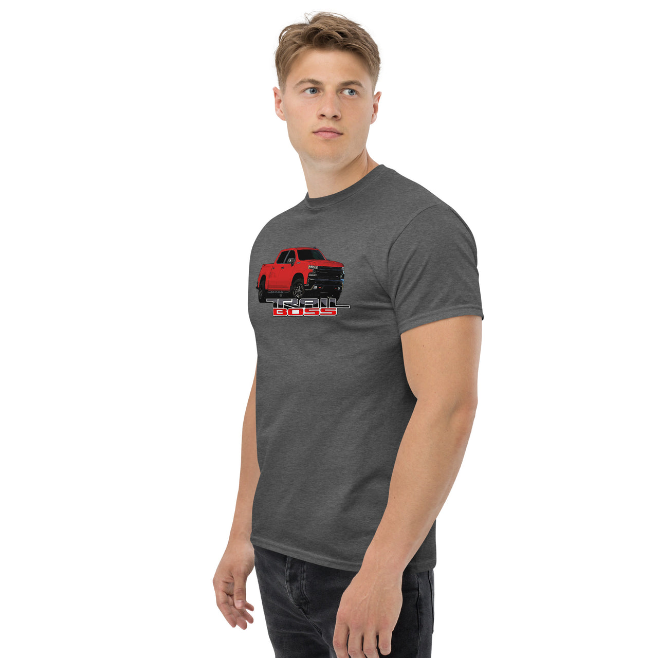 Red Trail Boss Truck T-Shirt modeled in dark heather