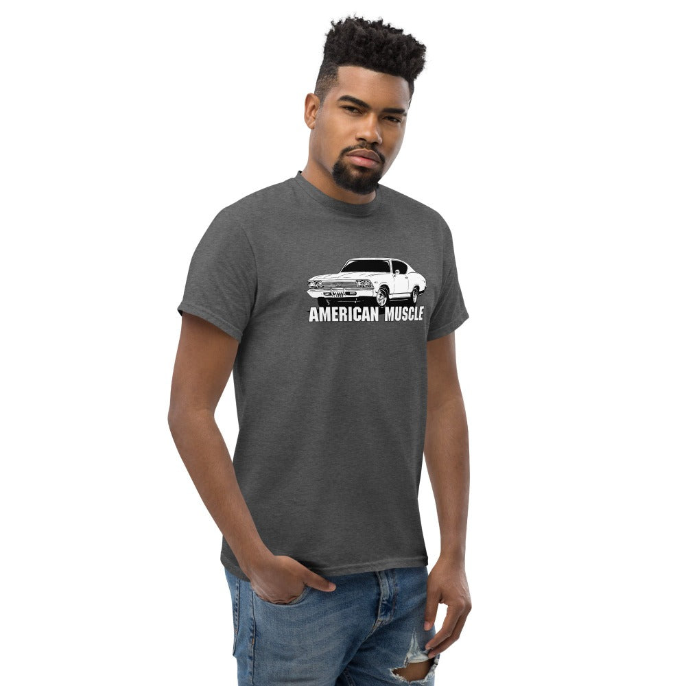 man modeling a 1969 chevelle t-shirt in grey