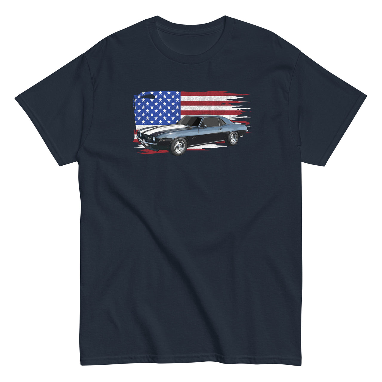 69 Camaro T-Shirt With American Flag Background - navy