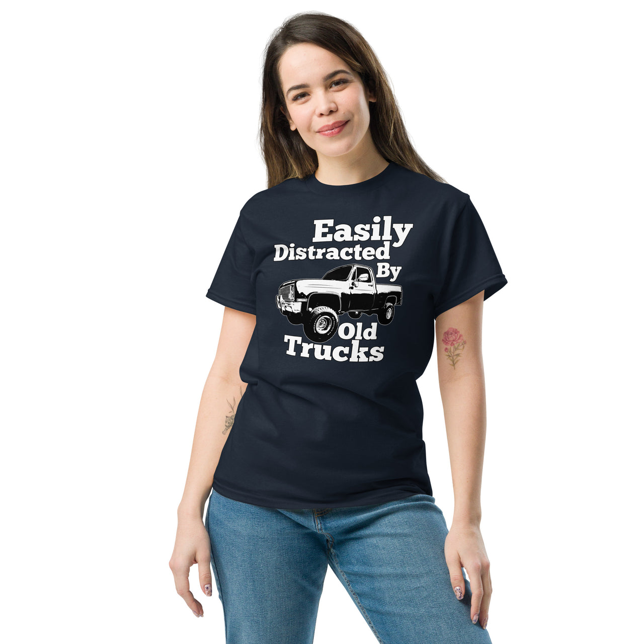 woman modeling Square Body Truck T-Shirt - Easily Distracted By Old Trucks