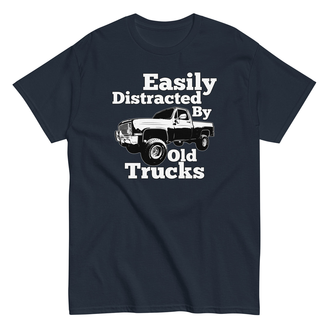 navy Square Body Truck T-Shirt - Easily Distracted By Old Trucks