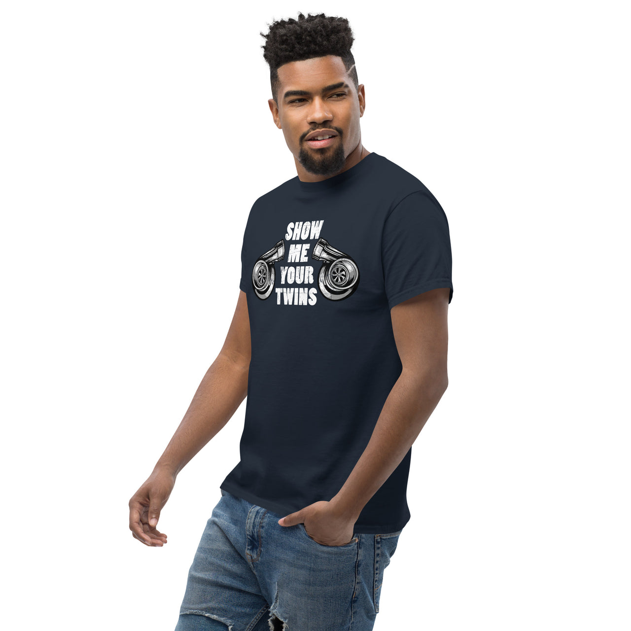 Show Me Your Twins Funny Turbo T-Shirt modeled in navy