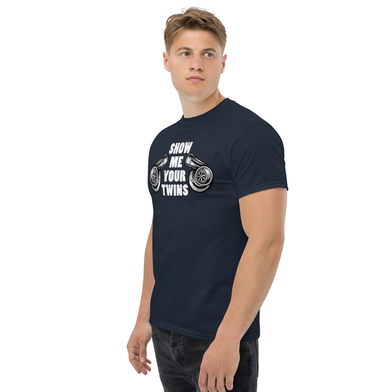 Show Me Your Twins Funny Turbo T-Shirt modeled in navy