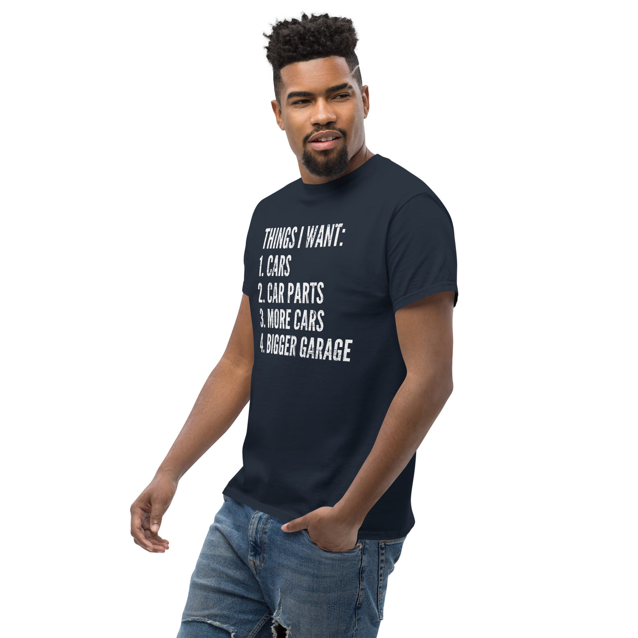Funny Car Enthusiast T-Shirt Things I Want modeled in navy