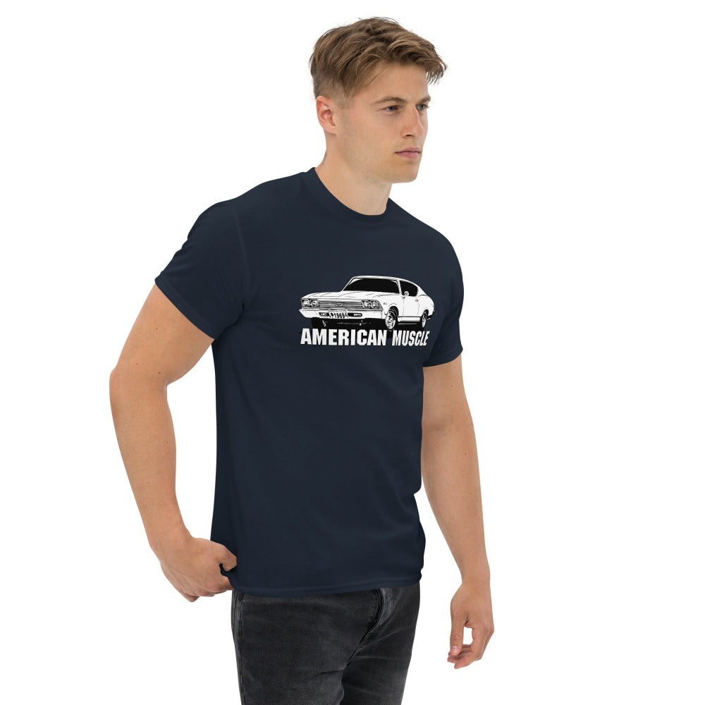 man modeling a 1969 chevelle t-shirt in navy