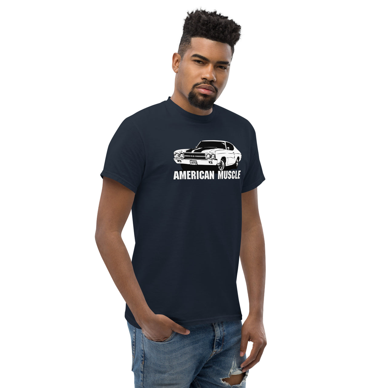 Man modeling a 1970 Chevelle T-Shirt in navy