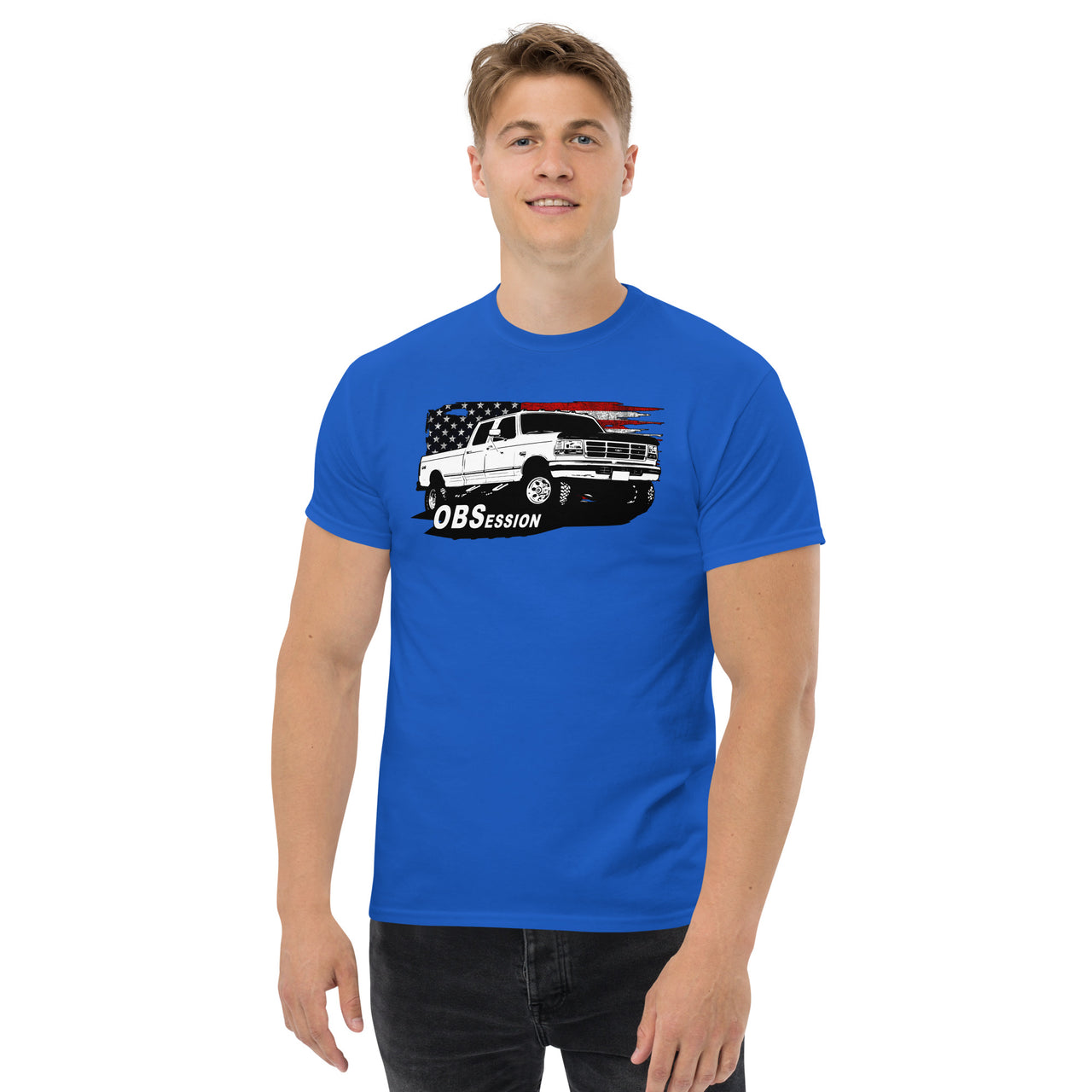 OBS Crew Cab Truck American Flag T-Shirt-In-Black-From Aggressive Thread