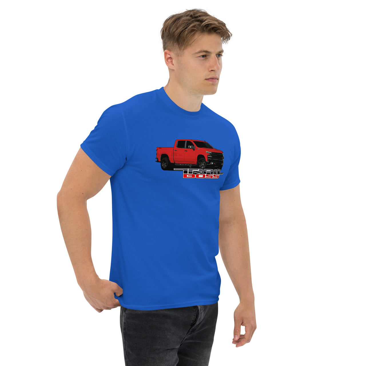 Red Trail Boss Truck T-Shirt modeled in royal