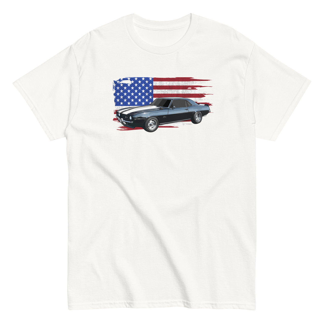 69 Camaro T-Shirt With American Flag Background - white
