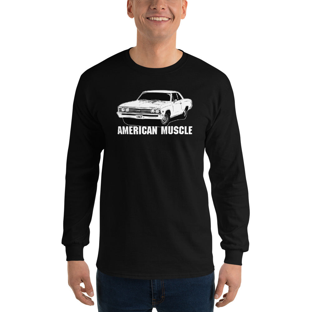 Man modeling a 1967 Chevelle Long Sleeve T-shirt in black
