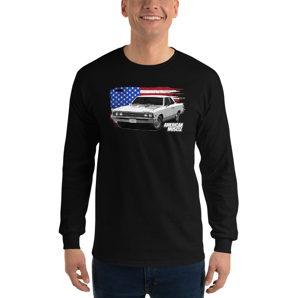 man modeling a 1967 Chevelle Long Sleeve Shirt With American Flag in black