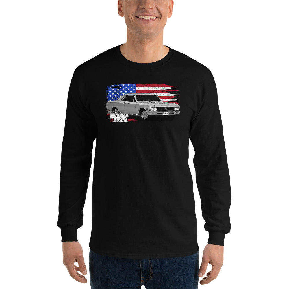 1966 Chevelle Long Sleeve T-Shirt with American Flag-In-Black-From Aggressive Thread