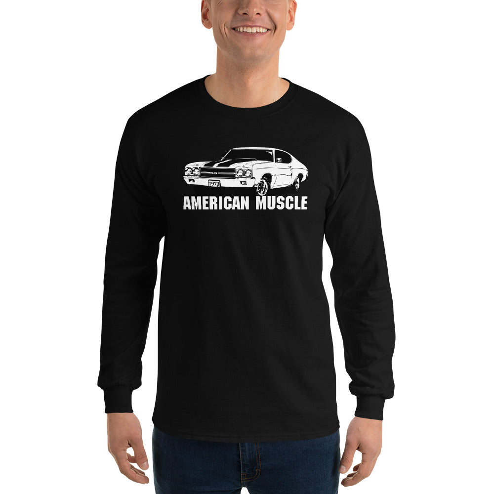 1970 Chevelle Car Long Sleeve T-Shirt modeled in black