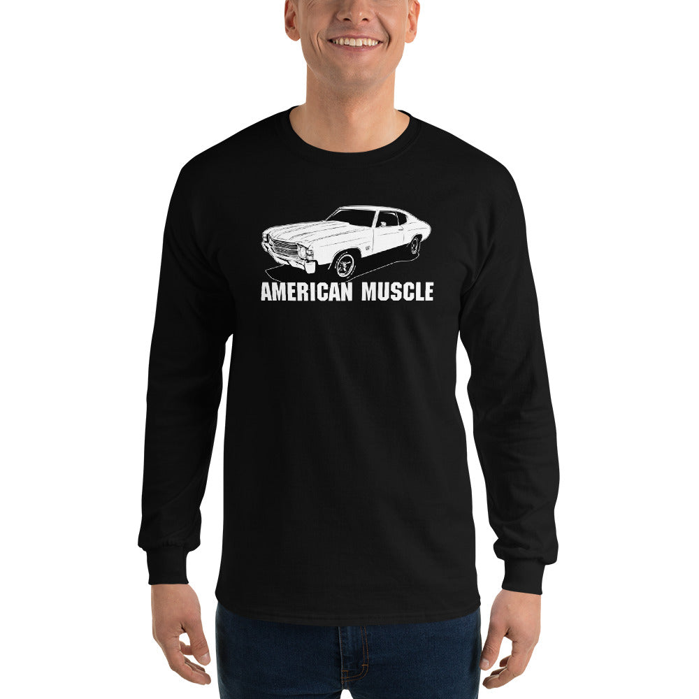 1971 Chevelle American Muscle Long Sleeve T-Shirt modeled in black