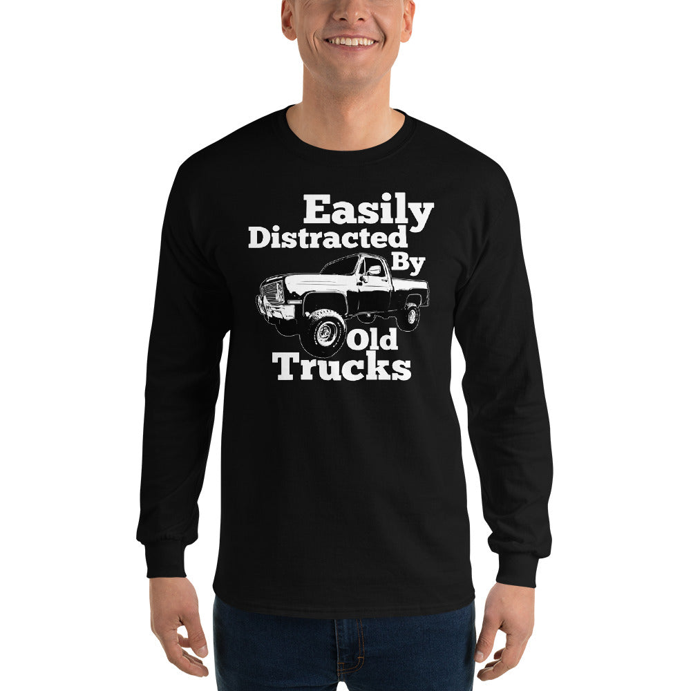 man modeling Square Body Truck Long Sleeve Shirt - Easily Distracted By Old Trucks