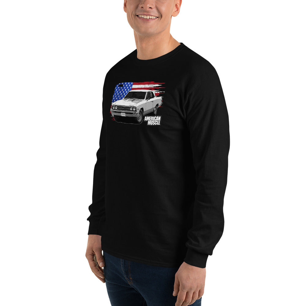 man modeling a 1967 Chevelle Long Sleeve Shirt With American Flag in black