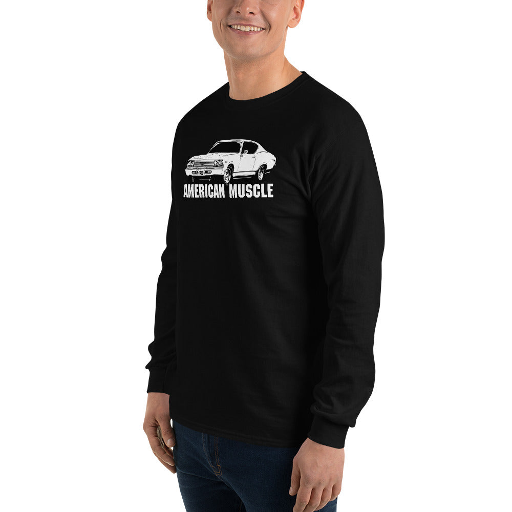 man modeling a 1969 Chevelle Car Long Sleeve T-Shirt in black