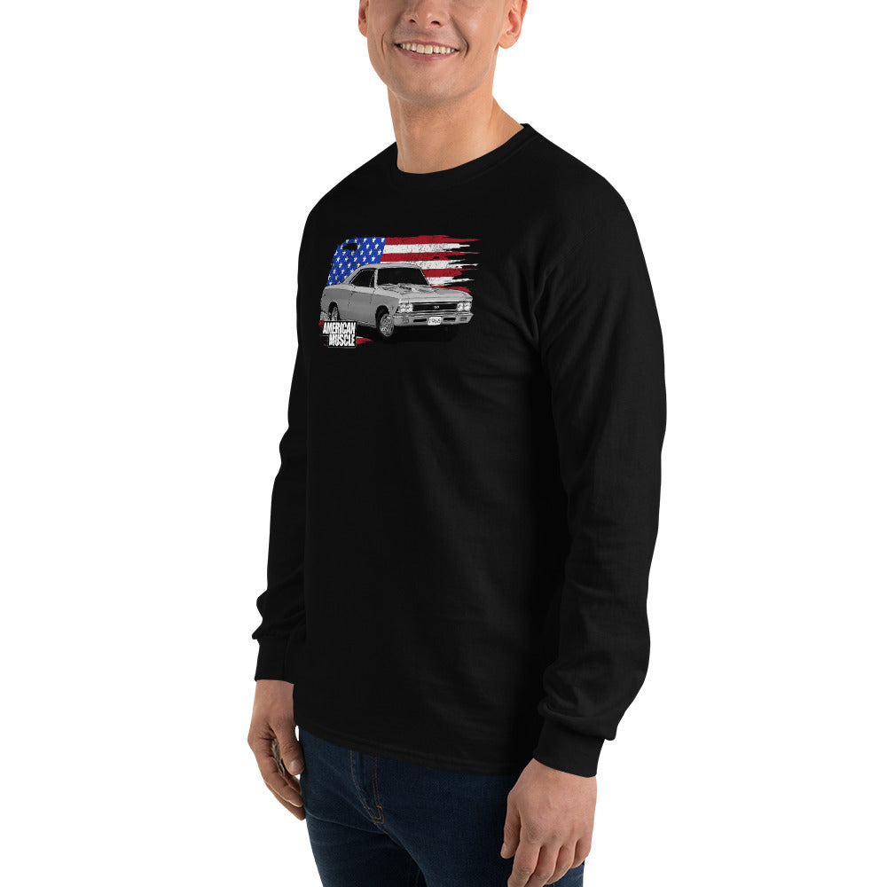 1966 Chevelle Long Sleeve T-Shirt with American Flag-In-White-From Aggressive Thread